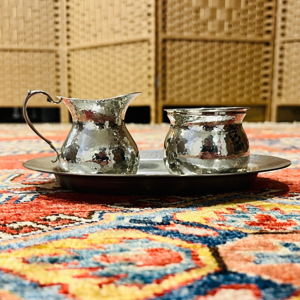 Hammered creamer, sugar, and tray set - Patriot Pewter by Ginkgo